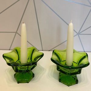 2 Vintage Midcentury Modern Viking Glass Pedestal 6 Petal Candle Holders Green.